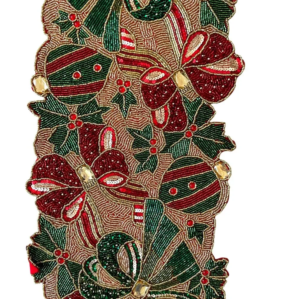 Nicole Miller Beaded Poinsettia Bow Table Runner 13x34 Pink Red Green New